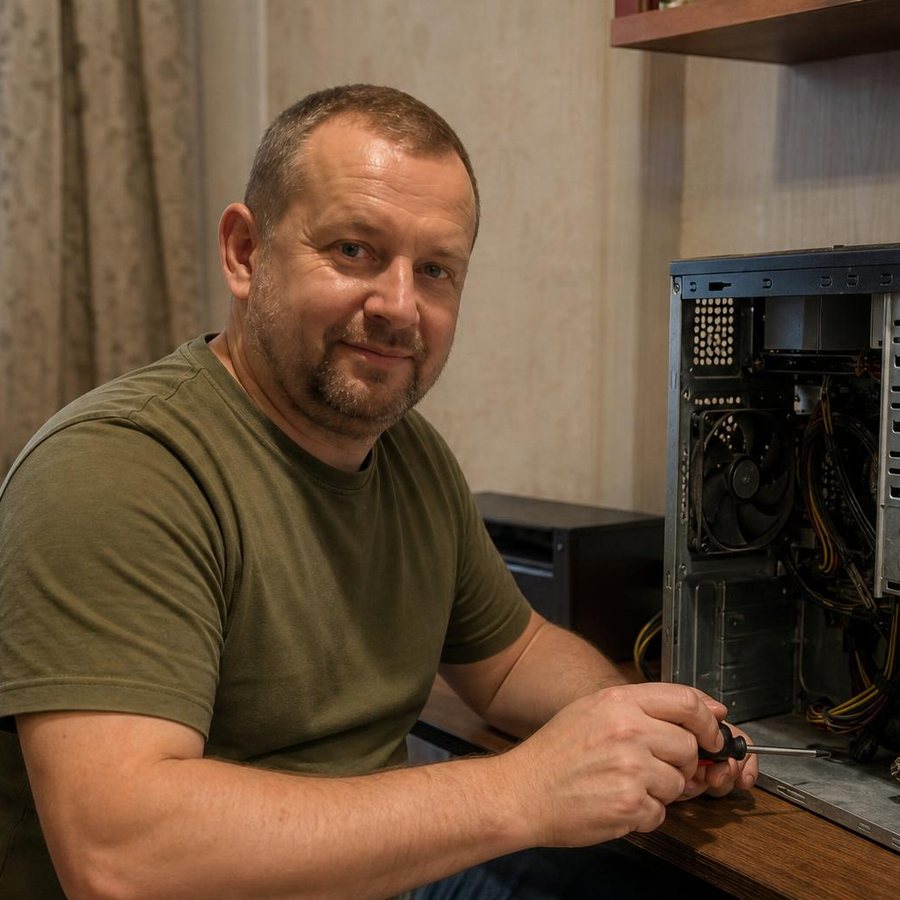 Мастер за столом с разобранным компьютером
