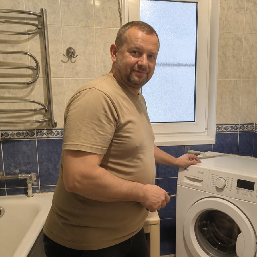 Мастер Михаил рядом со стиральной машиной