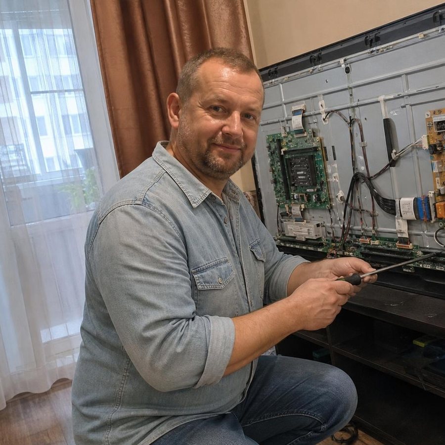 Мастер Михаил рядом с разобранным телевизором
