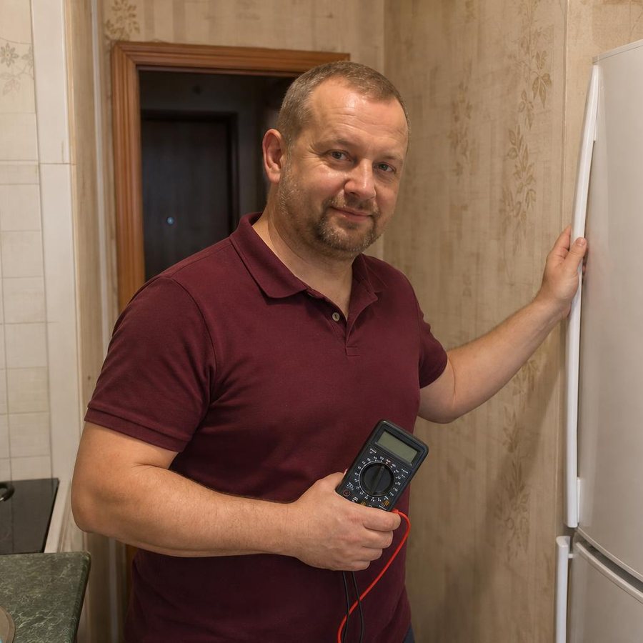 Мастер проверяет холодильник мультиметром